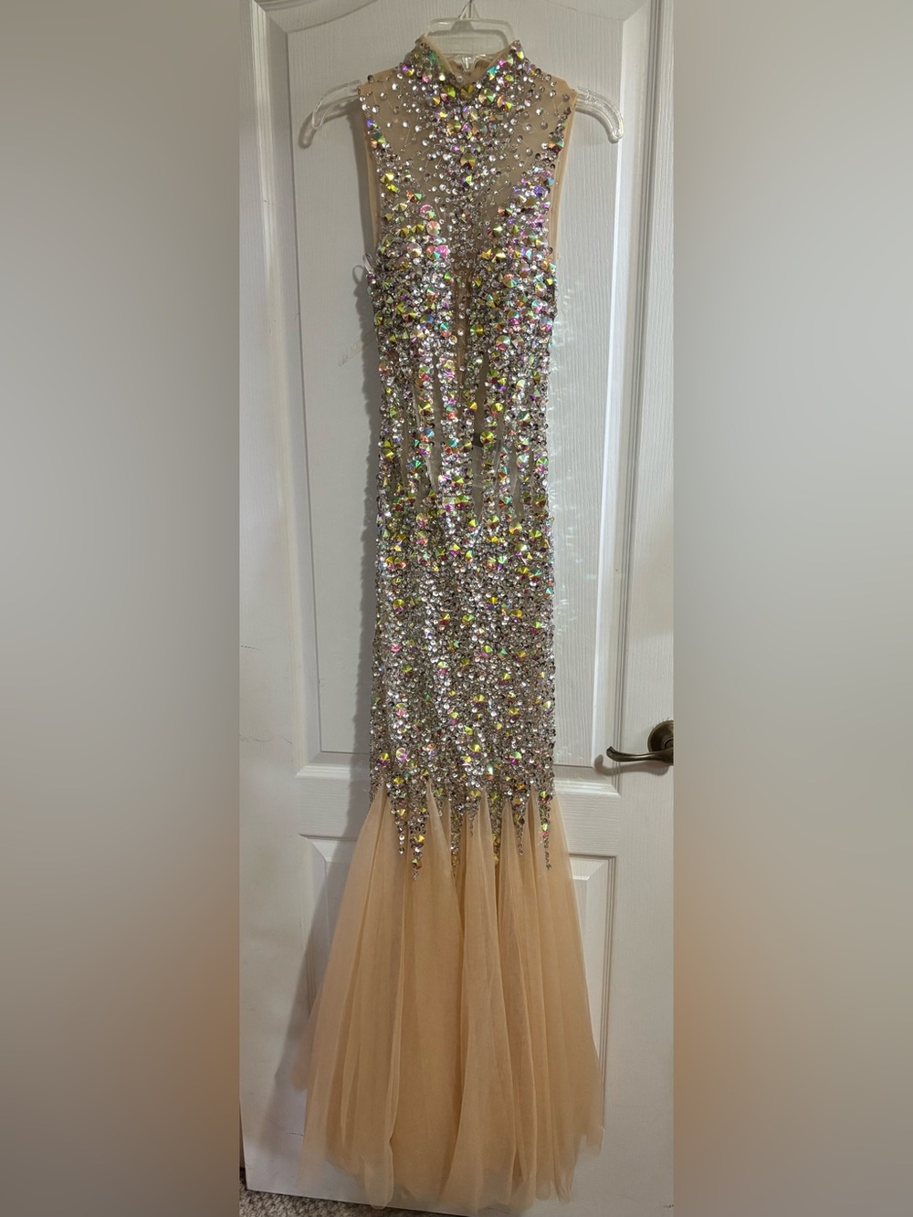 Alyce Paris Nude Tulle Gown with Iridescent Crystal Embellishments